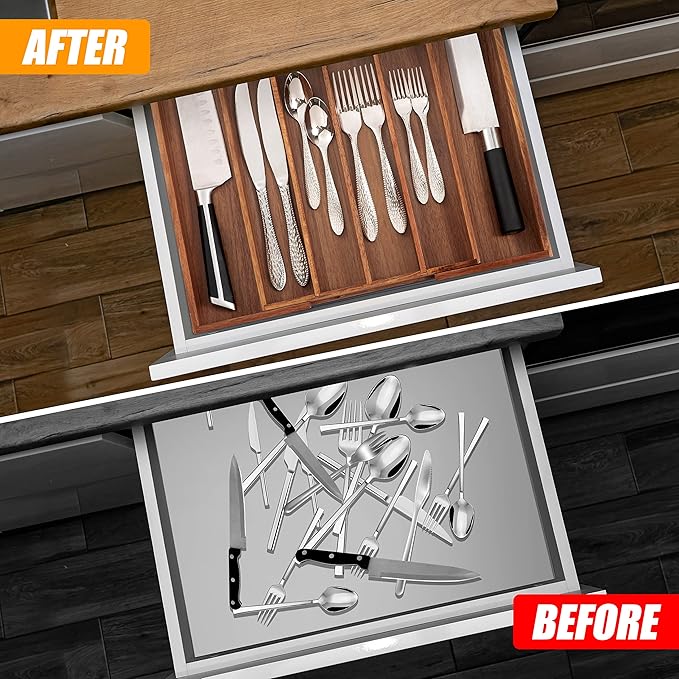 Bellsal Acacia Silverware Organizer Kitchen Drawer Organizer Expandable Bamboo Utensil Holder Cutlery Tray for Kitchen Utensi