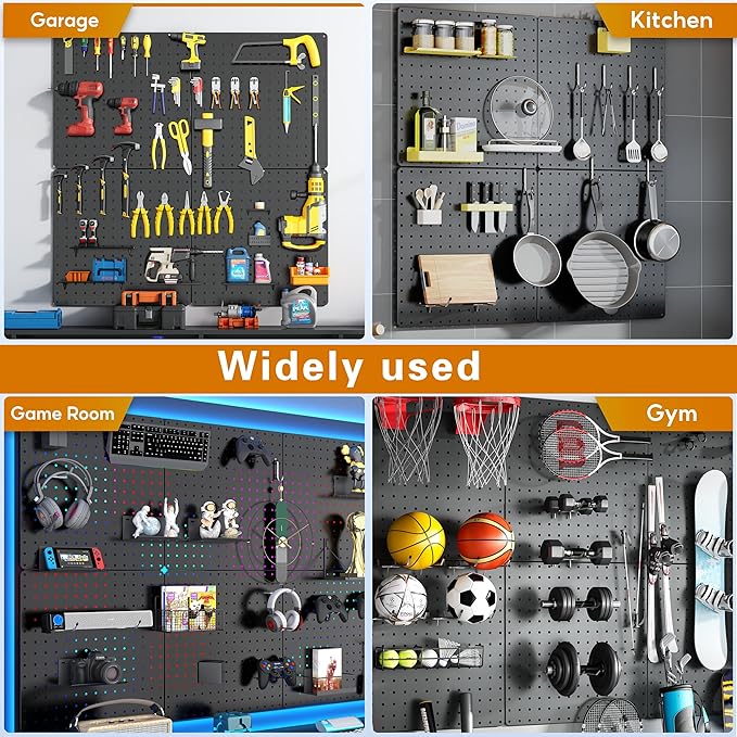 Peg Board,Total 32” x 32”, 68PCS Heavy Duty Metal Pegboard with Hooks, 4 Pack Black Peg Board Panels, 50lbs Load Capacity Eac