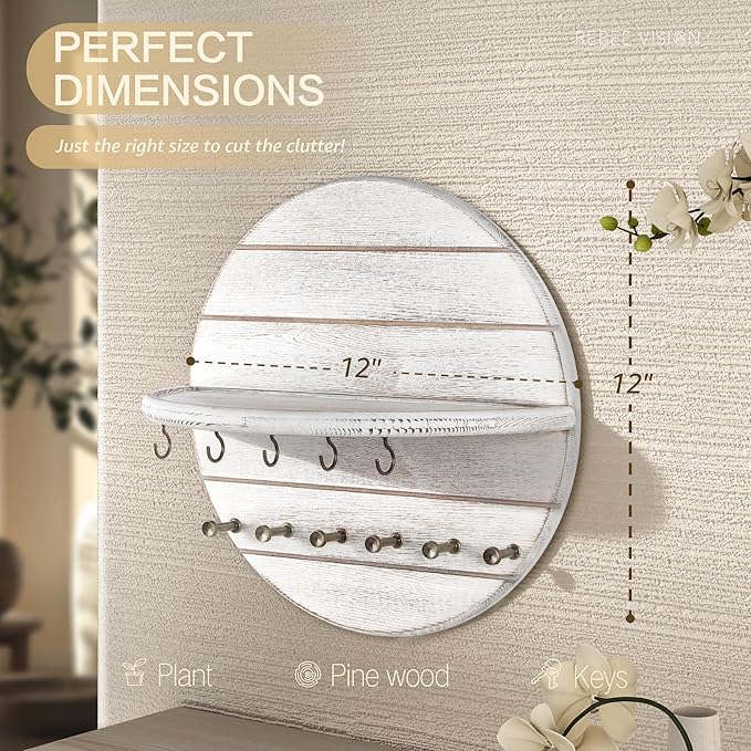 Rebee Vision Pine Wood Key Holder Wall Mount - 12 Inch Decorative Key Holder for Wall with Shelf and 11 Hooks - Farmhouse Mai