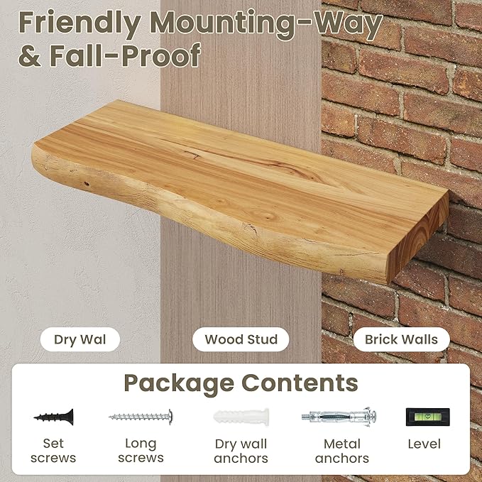 Fun Memories Floating Shelves for Wall Decor Set of 2-36 Inch Solid Elm Wood Live Edge - Rustic Natural Wall Shelves with Inv