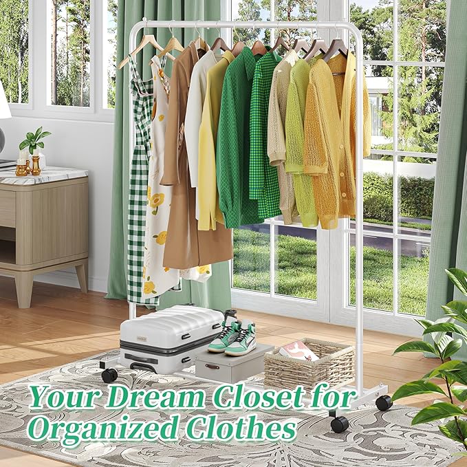 Simple Trending Standard Clothes Clothing Garment Rack with Storage Shelves, Rolling Clothes Organizer on Wheels for Hanging 