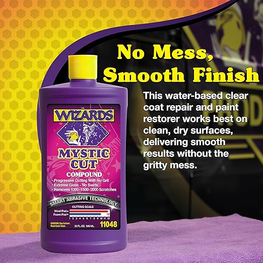 Wizards Mystic Cut Smart Abrasive for Auto Detailing Supplies - No Mess Scratch Remover for Vehicles - Water Based Cutting Compound - Removes Swirls, Defects, Fading, Water Spots - 32 oz