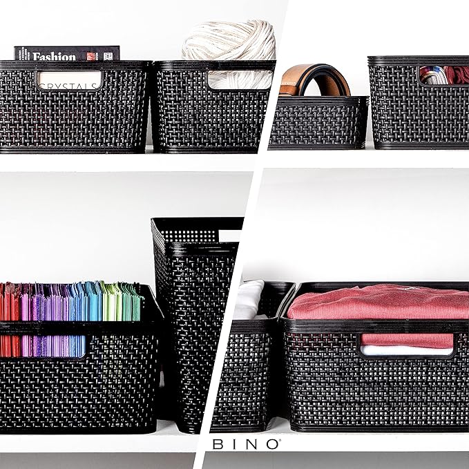 BINO | Woven Plastic Basket | Medium (Black), 4-Pack | THE JUTE COLLECTION | Home Organization, Space - Saving Storage, Styli