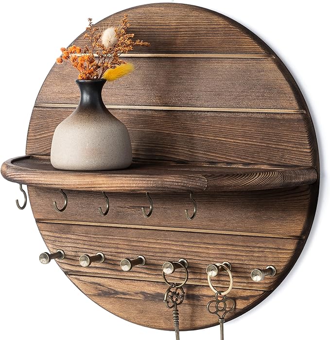 Rebee Vision Pine Wood Key Holder Wall Mount – Rustic Wooden Key Hooks for Wall with Shelf – Decorative Mail Organizer, Coat 