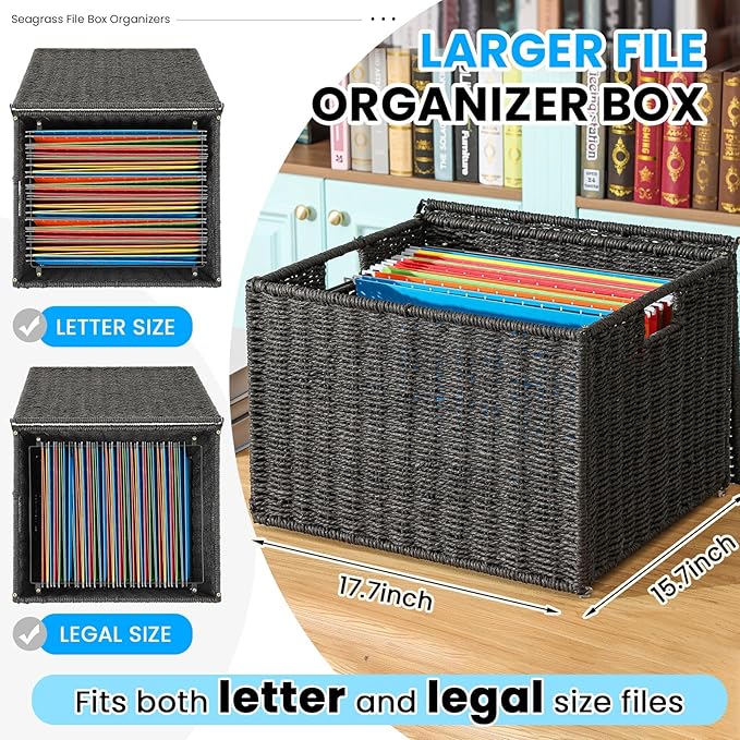 Cinnvoice Extra Large Decorative File Box 18 x 16 x 13 in Wicker Seagrass File Basket Organizer for Letter Legal Size Hand Wo