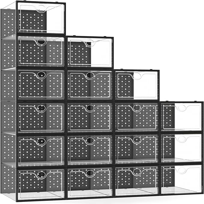 Pinkpum 18 Pack X-Large Shoe Storage Boxes Fit Size 12, Shoe Organizer for Closet Clear Plastic Stackable Shoe Dispaly Case H