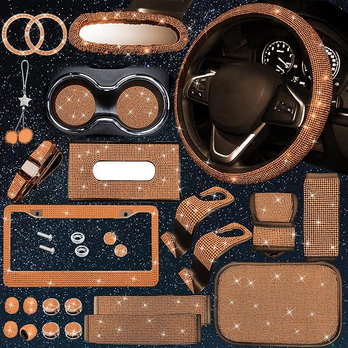 25PCS Bling Car Car Accessories Set,15 Inch Steering Wheel Cover,Shiny License Plate Frame,Center Console Cover and Rearview Mirror Set and Other Car Accessories(Orange)