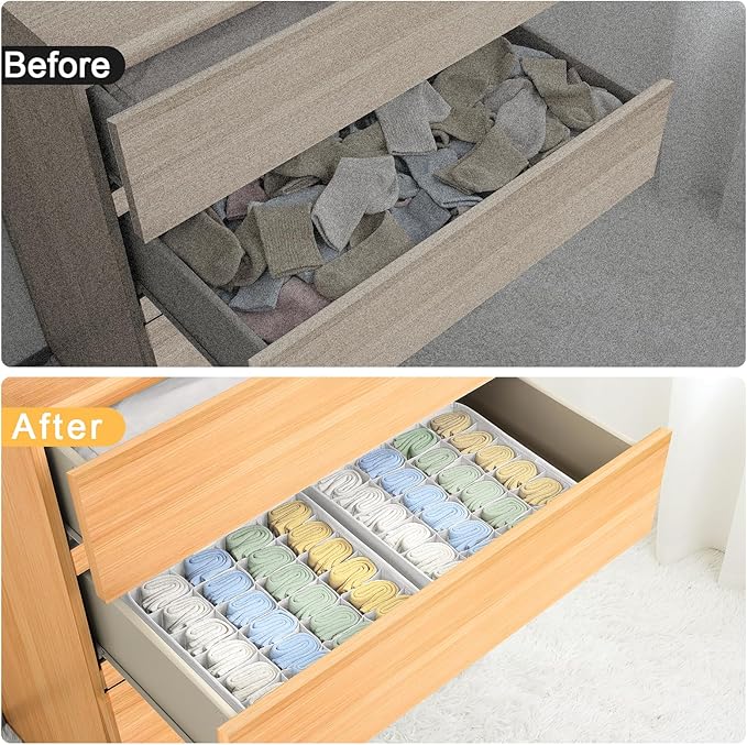 Sock Organizer 4 Pack, 24 Cell Foldable Underwear & Sock Storage, Drawer Organizer for Ties, Belts. (White)