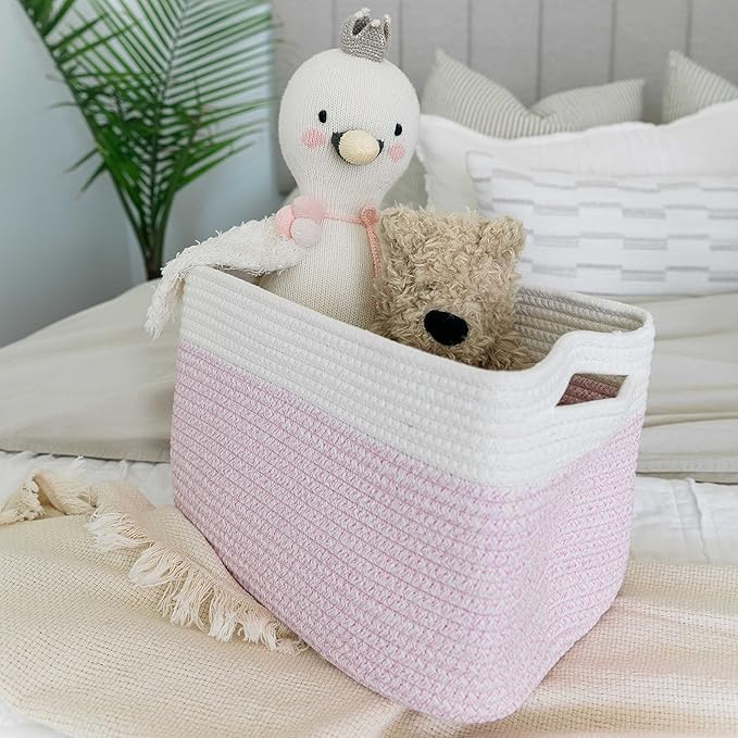 OrganiHaus Cotton Rope Basket for Shelf - Woven Storage Basket for Organizing, Closet & Toy Storage - Pink/Off-White - 15x9x1