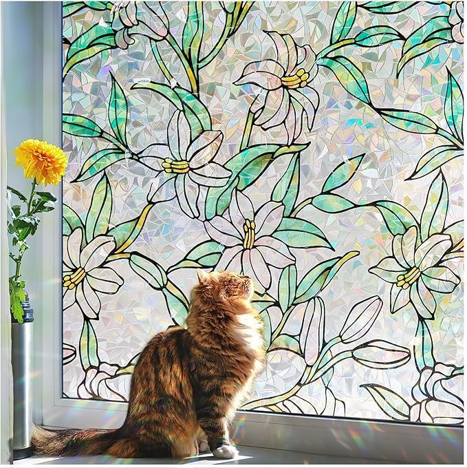 Coavas Static Cling Privacy Window Film, 96% UV & Heat Blocking, Stained Glass Window Film Floral Design, Non-Adhesive, for Bathroom, Front Door, Shower Enclosure‌(Vinyl, 23.6" x 78.7 ")