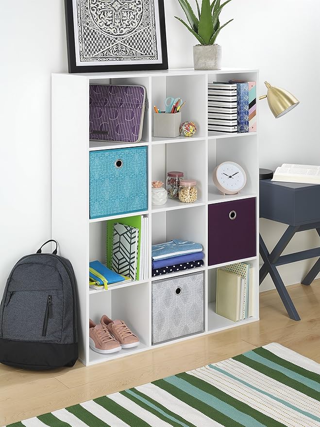Whitmor 12 Cube Bookcase, 4 Tier Stackable MDF Bookself, Open Storage Display Organizer, Storage Cabinet for Living Room, Bed