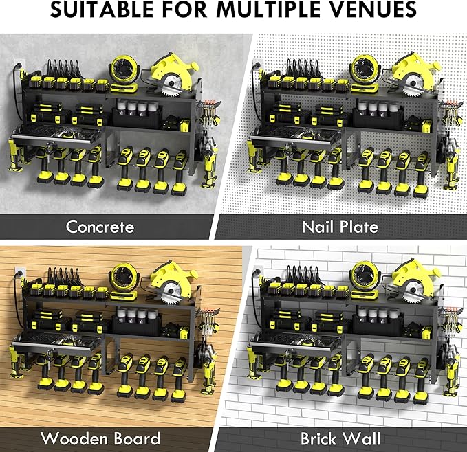 KSVO Power Tool Organizer Wall Mount with Drill Holder, Grinder Bracket, Hammer and Pliers, Locking Drawer, 6-Outlet Charging