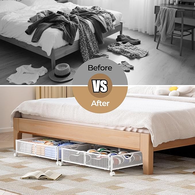 Yecaye Under Bed Storage with Wheels, 2 Pack Under Bed Shoe Storage Organizer Drawer, Tool-free Assembly Metal Underbed Stora