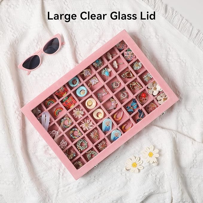 Frebeauty 48 Grid Jewelry Tray,Adjustable Earring Holder Organizer with Glass Lid,Velvet Drawer Jewelry Organizer for Rings,S