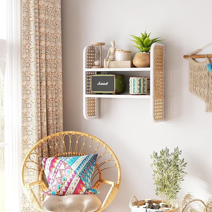2-Tier Rattan Shelf, White Rattan Bookshelf Wall Mounted, Handmade Woven Display Shelf, Decorative Boho Shelves for Entryway,