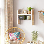2-Tier Rattan Shelf, White Rattan Bookshelf Wall Mounted, Handmade Woven Display Shelf, Decorative Boho Shelves for Entryway,