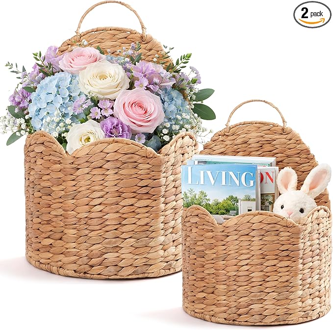 2Pcs Water Hyacinth Scalloped Hanging Basket – Wall & Door Organizer with Loop Handle, Front-Entry Mail/Floral Holder, Boho F