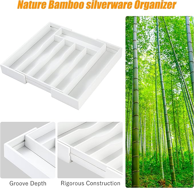 Bellsal White Silverware Organizer Kitchen Drawer Organizer Expandable Bamboo Utensil Holder Cutlery Tray for Kitchen Utensil