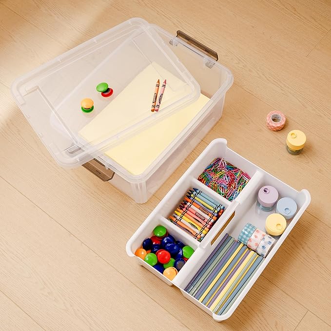 Citylife 17 QT Plastic Storage Bins Clear Storage Box with Removable Tray Stackable Latching Box with Handle for Oraganizing 