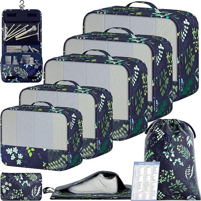BAGAIL 9 Set Packing Cubes with Packing List Luggage Packing Organizers for Travel Accessories (Navy leaf)