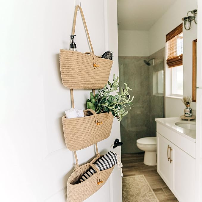OrganiHaus Over the Door Hanging Basket for Organizing, 3-Tier Hanging Wall Basket for Storage, Boho Nursery Decor for Wall, 