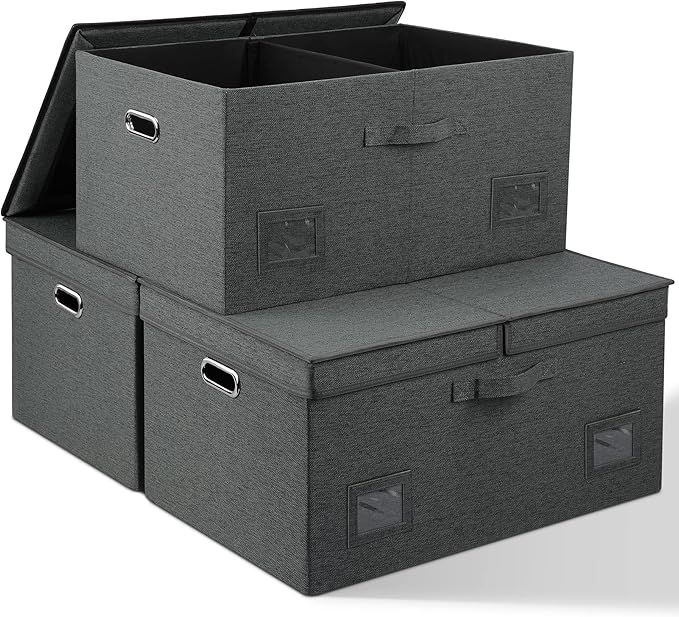 Graciadeco 75 Quarts Extra Large Decorative Storage Bins with Lids, 3 Packs Dark Gray Collapsible Storage Bins with Lids, Sta