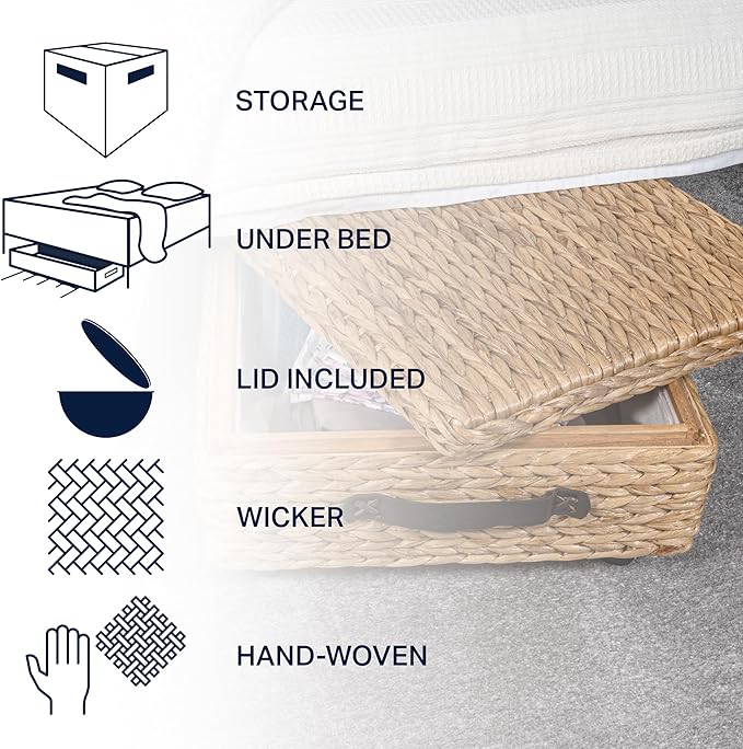 happimess BSK1006A 26.38" Chett Minimalist Hand-Woven Hyacinth/Wood Underbed Storage Bin with Wheels and Handles for Storage 