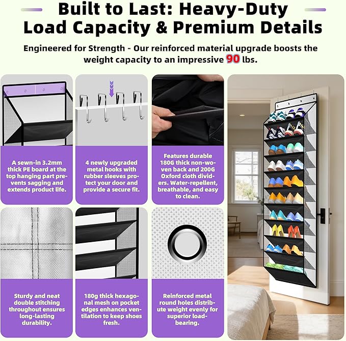 PAULONE 10-Pocket Multi-Use Over the Door Organizer, Heavy Duty 95lbs Capacity with Breathable Mesh, Versatile Hanging Storag