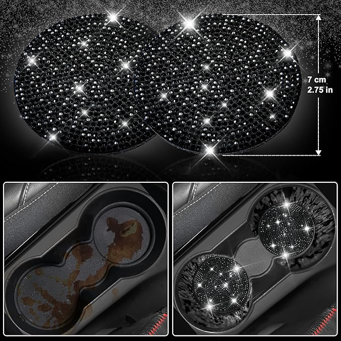CAR PASS 11 PCS Bling Diamond Car Mats Set for Women Girls, Sparkly Rhinestone Steering Wheel Cover, Waterproof Floor Mats Un