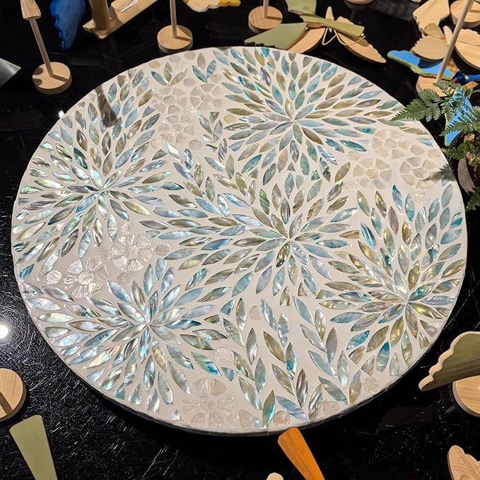 i-lan 18-inch Mother of Pearl Lazy Susan – Large Rotating Turntable with Floral Inlay, Smooth Spin for Kitchen Cabinet Dining