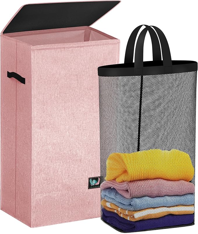 WTREE Laundry Hamper with Lid, Reinforced Sturdy Clothes Hamper with Anti-Puncture Base, Large Collapsible Laundry Basket wit