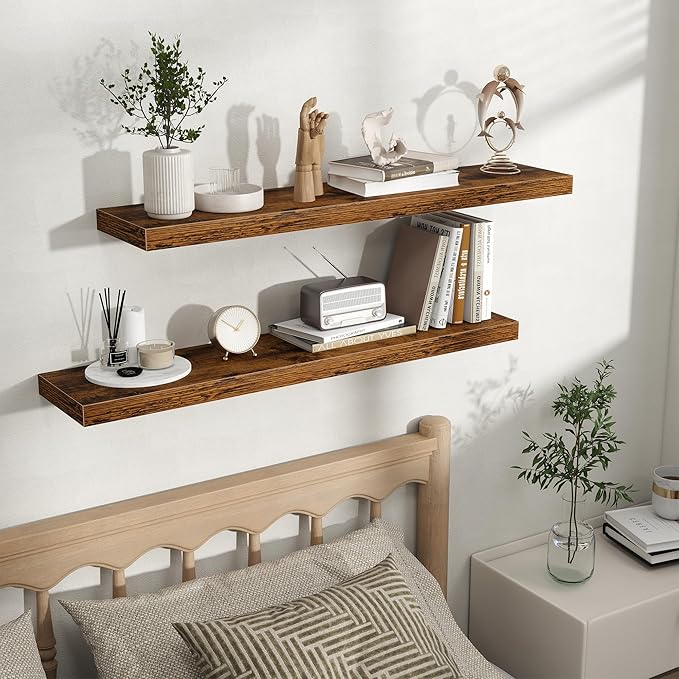 Fun Memories Floating Shelves for Wall, Rustic Wood Wall Mounted Shelves for Bathroom, Bedroom, Living Room and Kitchen, Stor