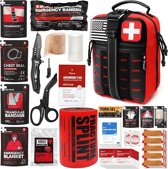 Survival First Aid Kit with Israeli Bandage, Chest Seal, Tourniquet, Splint, Tactical Military Combat Molle IFAK for Wound Ca