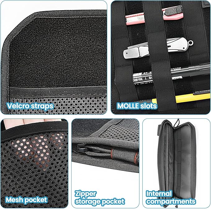 Car Sun Visor Organizer with MOLLE Panel and Zipper Storage Pouch Hard PE Board Prevents Sagging Tactical Gear Attachment Includes Sunglasses Holder Clip Fits Most Cars Trucks SUVs and Vans