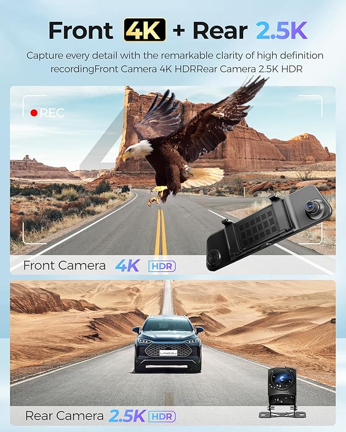 12" Mirror Dash Cam, 4K UHD Front and 2.5K Rear View Dash Camera for Car, with ADAS BSD LCA Smart Mode, GPS, G-Sensor, Loop R