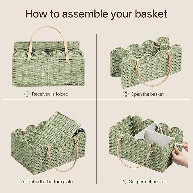HBlife Large Baby Diaper Caddy, Paper Rope Scalloped Storage Baskets Nursery Bin with Removable Divider, Portable Car Organiz