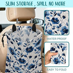 Car Trash Bag Watercolor Blue Flowers Leak-Proof Car Garbage Bag with Drawstring Foldable Canvas Trash Bin with Adjustable Buckle for Car Accessories
