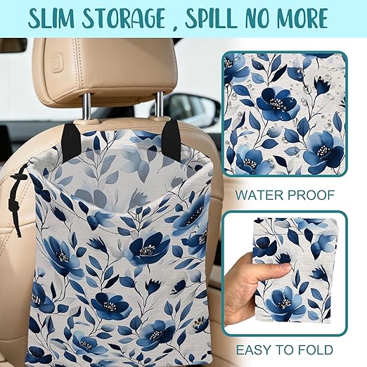 Car Trash Bag Watercolor Blue Flowers Leak-Proof Car Garbage Bag with Drawstring Foldable Canvas Trash Bin with Adjustable Buckle for Car Accessories