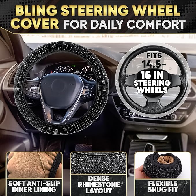 Black Bling Car Accessories Set - 27 Pieces Car Interior Kit with Rhinestone Steering Wheel Cover, Diamond License Plate Frame, Phone Holder, Coaster & Hook, Great Gift for Drivers