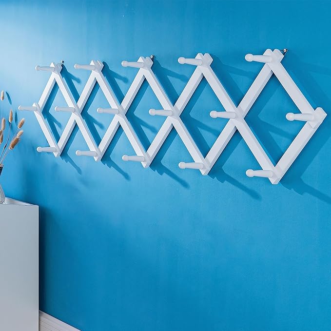 SKOLOO Accordion Wall Hanger with 16 Hooks, Modern Expandable Coat Rack Hat Rack for Wall, Solid Wooden, White