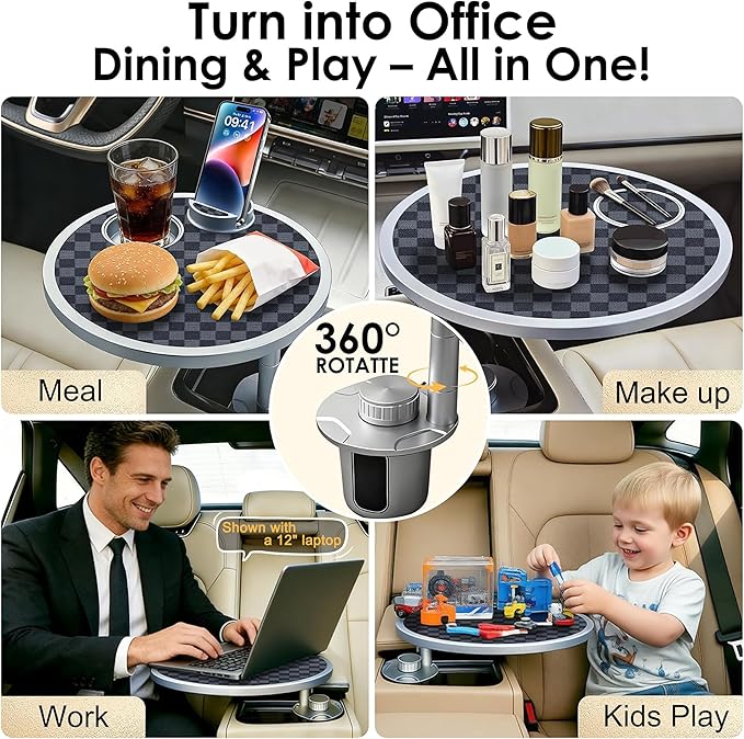 Car Food Tray & Car Table Tray with Car-Grade Aluminum Cup Holder & Phone Stand, Premium Wood with Leather Surface, 360° Rotating Car Desk for Laptop &Eating (Round, Black&Grey)