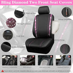CAR PASS Leather Bling Diamond Car Seat Covers 2 Front Interior Sets, Waterproof Universal Shining Glitter Crystal Sparkle Fit for Automotive Truck SUV Cute Women Girl, Black Pink Rhinestones