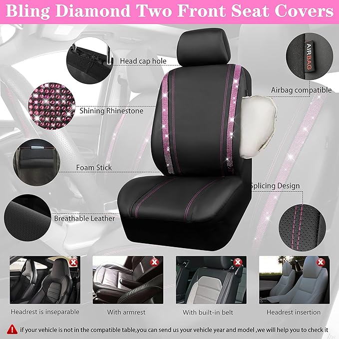 CAR PASS Leather Bling Diamond Car Seat Covers 2 Front Interior Sets, Waterproof Universal Shining Glitter Crystal Sparkle Fit for Automotive Truck SUV Cute Women Girl, Black Pink Rhinestones