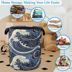 Vintage Sea Waves Large Storage Basket Collapsible Laundry Basket Oxford Storage Bin for Toy Bins Gift Baskets Bedroom Clothe