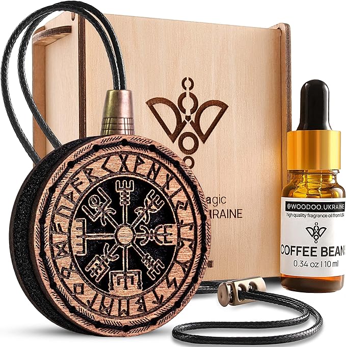 Wood Car Air Freshener — Handmade Car Air Freshener — Vegvisir Designed Fragrance Oil Diffuser in Wooden Gift Box — Aromather