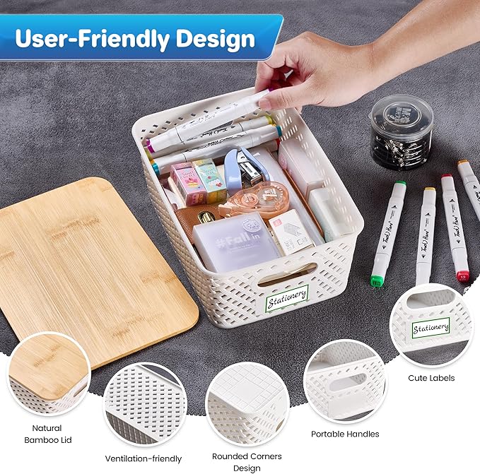 Anysig 8 Packs Plastic Storage Bins with Bamboo Lids - Stackable Storage Bins Decorative Small Basket Containers for Organizi