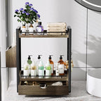 2-Tier Wood Bathroom Counter Organizer, Countertop Organizer with Drawer and Storage Basket, Bathroom Sink Organizer for Vani