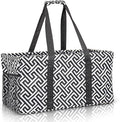 Extra Large Utility Tote Bag - Oversized Collapsible Reusable Wire Frame Rectangular Canvas Basket With Two Exterior Pockets For Beach, Pool, Laundry, Car Trunk, Storage - Geometrc Black