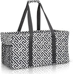 Extra Large Utility Tote Bag - Oversized Collapsible Reusable Wire Frame Rectangular Canvas Basket With Two Exterior Pockets For Beach, Pool, Laundry, Car Trunk, Storage - Geometrc Black