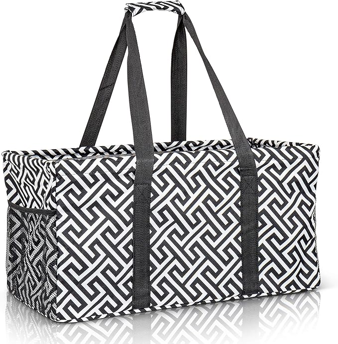 Extra Large Utility Tote Bag - Oversized Collapsible Reusable Wire Frame Rectangular Canvas Basket With Two Exterior Pockets For Beach, Pool, Laundry, Car Trunk, Storage - Geometrc Black